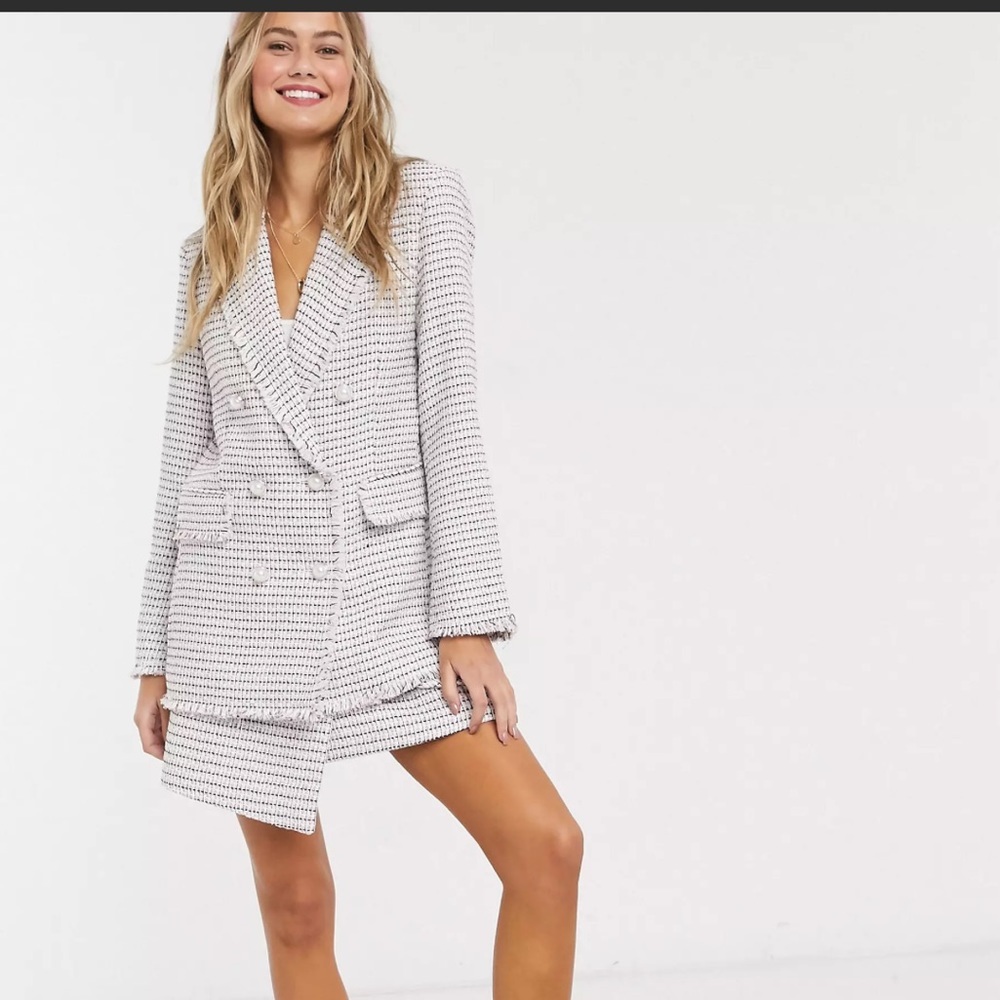 ASOS Miss Selfridge Tweed Blazer & Skirt Co-Ord Set pink black & silver size 6